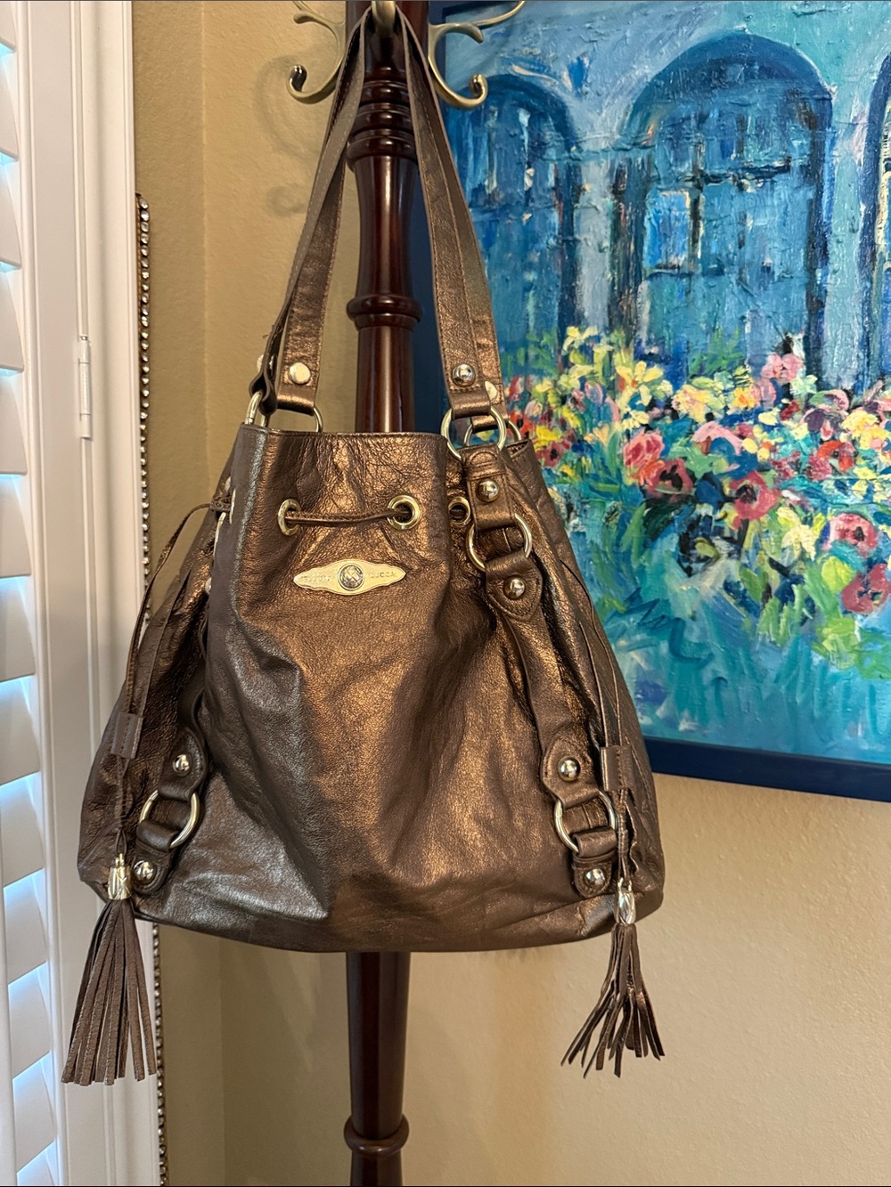 Elliott Lucca Metallic Brown Shoulder Bag with Tassels